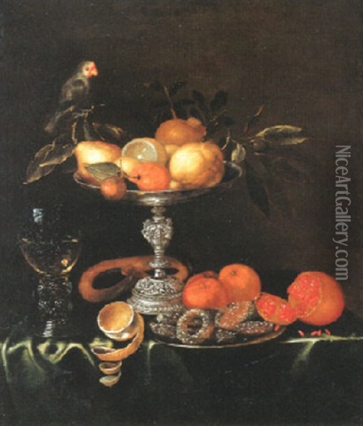 Nature Morte Avec Verre Romain, Tazza D'argent, Fruits Et Patisseries Oil Painting - Jacob Marrel