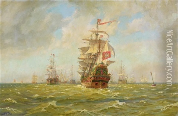 Marine. Zahlreiche Vor Anker Liegende Segler Oil Painting - Hans (Johannes) Bohrdt