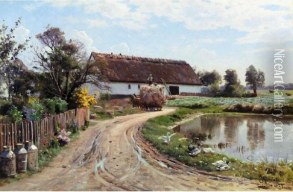 Parti Fra Gronholt, Sommer (gronholt Village Road In Summer) Oil Painting - Peder Mork Monsted