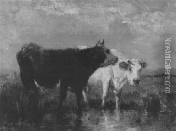 Cows Watering In A Pond Oil Painting - Emile van Marcke de Lummen