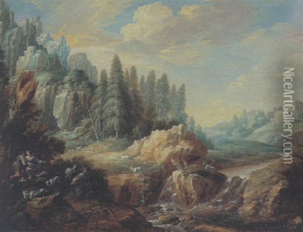 Bewaldete Gebirgslandschaft Mit Einem Sturzbach, Einem Hirtenpaar Und Ziegen Oil Painting - Gillis (Egidius I) Peeters