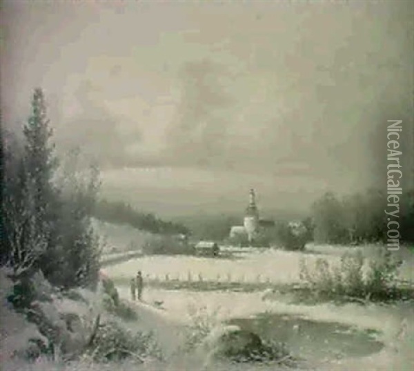 Solna Kyrka - Vinterlandskap                                I Kvallssol Oil Painting - Carl Abraham Rothsten