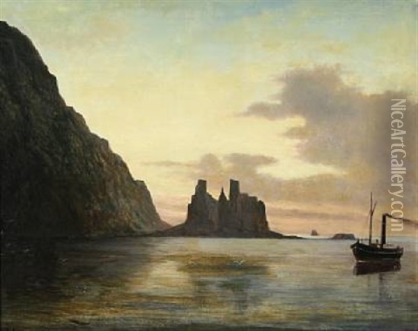 Ships By The Faroe Islands At Sunset Oil Painting - Frederik Theodor Kloss