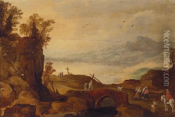 An Alpine Landscape With Travellers On A Bridge Oil Painting - Joos de Momper the Younger