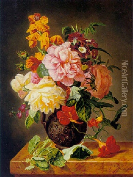 Vase Of Flowers On A Marble Table Oil Painting - Simon Saint-Jean