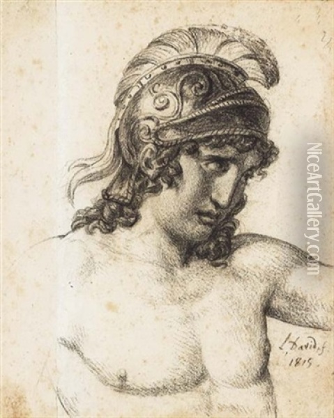 Homme Nu En Buste, Coiffe D'un Casque Antique Oil Painting - Jacques-Louis David