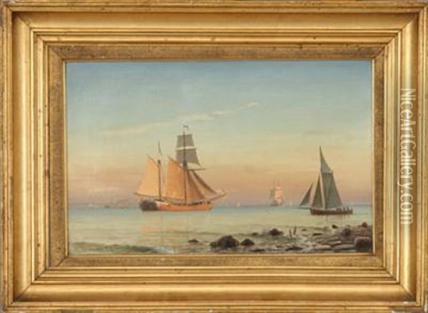 Ships At Sea In The Evening Sun Oil Painting - Christian Frederic Eckardt