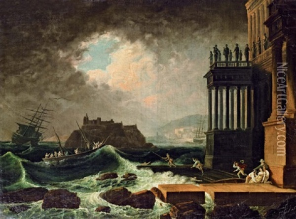 Schiffbruch Vor Kastell Und Ruinen Oil Painting - Leonardo Coccorante
