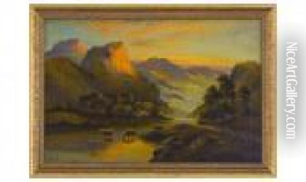 Highland Cattle/river At Sunset. Oil Painting - William Langley