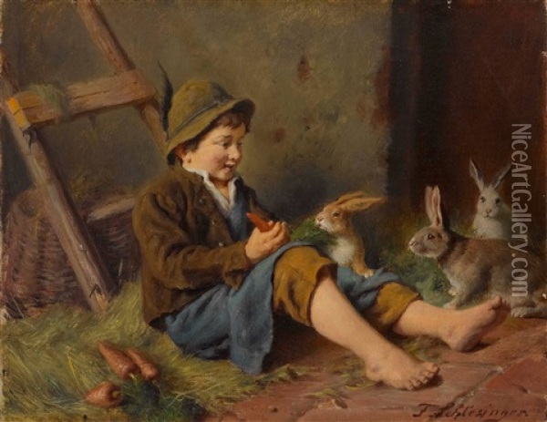Knabe Beim Futtern Dreier Kaninchen Oil Painting - Felix Schlesinger