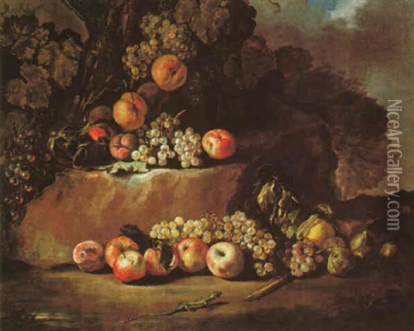 Still Life Of Grapes, Apples, Figs And A Lizard In A Landscape Oil Painting - Michelangelo di Campidoglio