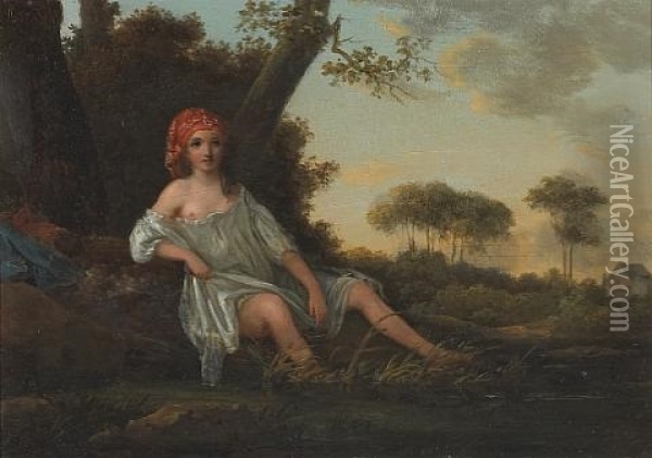 A Girl Resting By A Pond With A Farmhouse Beyond Oil Painting - Jean Baptiste Huet