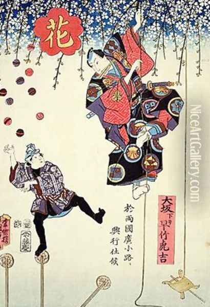 An advertising print of a circus owned by Hayatake Torakichi Oil Painting - Utagawa Kunisada