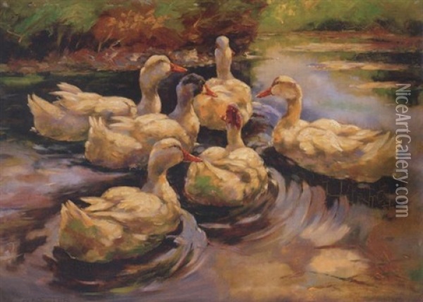 Sechs Enten Im Teich (heimkehr) Oil Painting - Alexander Max Koester