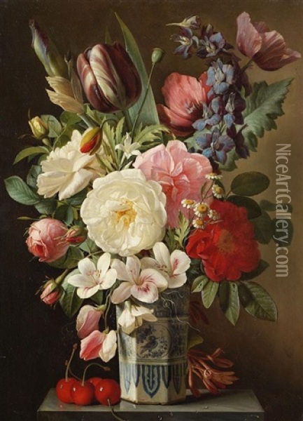 Blumenstillleben Mit Rosen Und Tulpen In Einer Delfter Vase Oil Painting - Augustin Alexandre Thierriat De Lyon