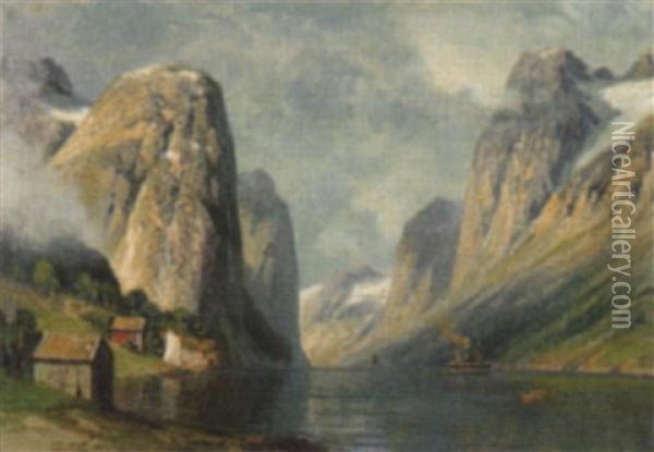 Norwegischer Fjord Mit Dampfschiff Oil Painting - Johannes Harders