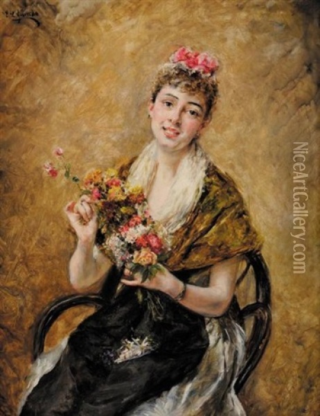 Elegante Aux Fleurs Oil Painting - Eduardo Leon Garrido