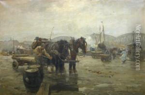 Bedrijvigheid In De Oude Haven Van Rotterdam. (1908) Oil Painting - August Willem van Voorden