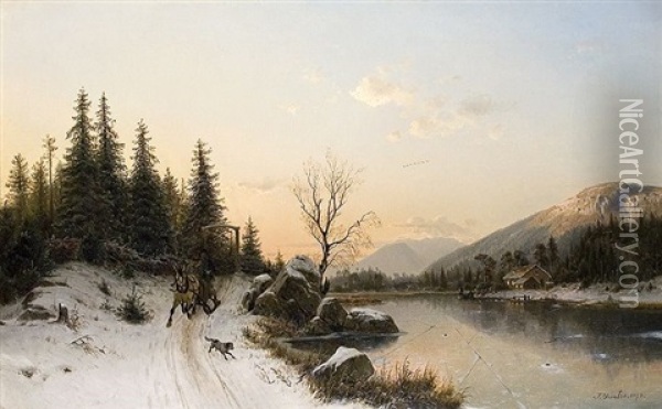 Schlittenfahrt Am See Oil Painting - Johannes Bartholomaeus Duntze
