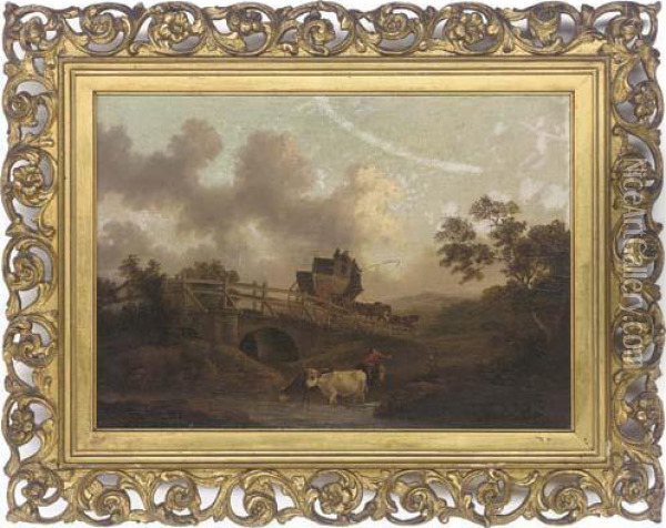 Cattle Watering In A River With A Stagecoach Crossing A Bridge Beyond Oil Painting - Julius Caesar Ibbetson