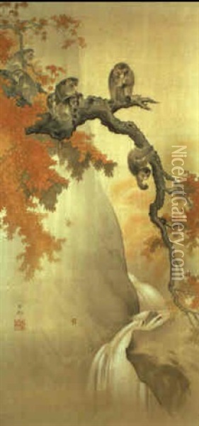 Bildnis Einer Gruppe Rastender Afen Unter Einem Ahorn An Der Seite Eines Flusschens Mit Einem Wasserfall Oil Painting - Ohara Shoson