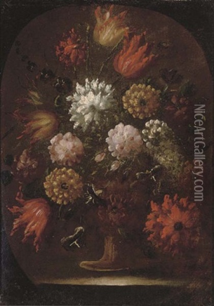 Chrysanthemums, Tulips And Other Flowers In An Urn Oil Painting - Mario Nuzzi