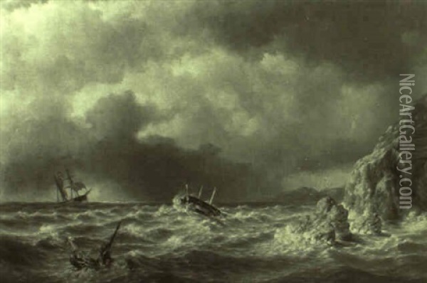 Schiffbruchige An Felsiger Kuste Oil Painting - Johannes Hermanus Barend Koekkoek