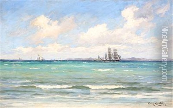 Coastal Scene From Hornbaek, Denmark With Sailing Ships Oil Painting - Carl Ludvig Thilson Locher