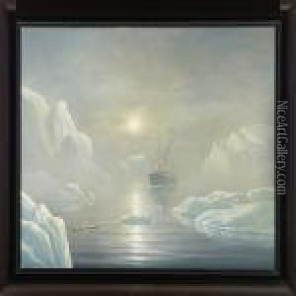 A Steam Ship And Kayak Among Icebergs Oil Painting - Emanuel A. Petersen