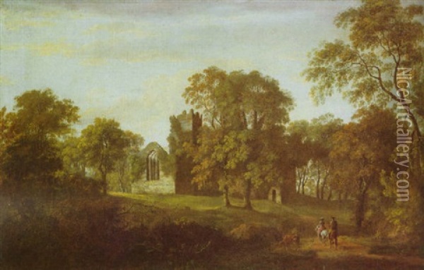 A Wooded Landscape With Two Riders On A Path, The Ruins Of A Church Beyond Oil Painting - William Ashford