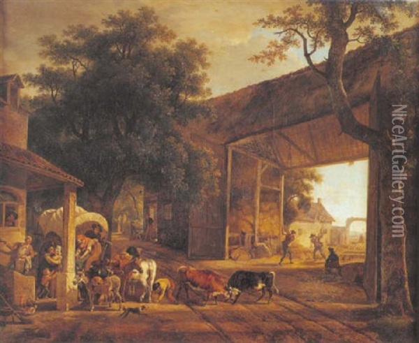 Halte De Paysans A L'entree D'une Auberge Oil Painting - Jean-Louis Demarne