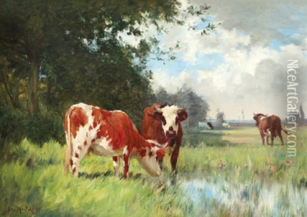 Cattle Grazing Oil Painting - Emile Justin Merlot