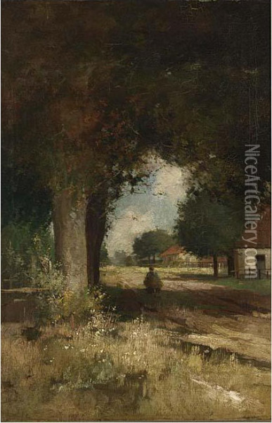 A Peasantwoman On A Path Oil Painting - Hendrikus Johan Bouhuys