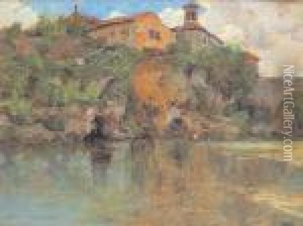 Case Sul Fiume Oil Painting - Guglielmo Ciardi