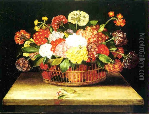 Primroses In A Wicker Basket With Two Leaves And A Petal On A Stone Table Oil Painting - Jacques Linard