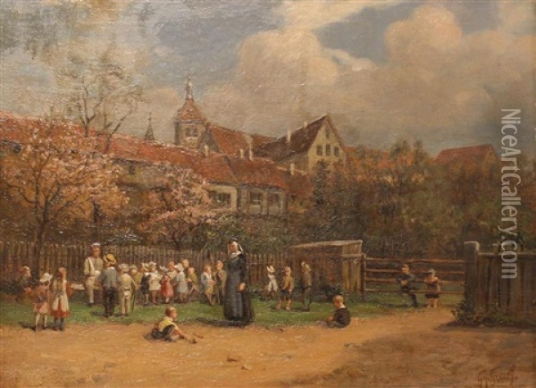 Children In The Square Oil Painting - Georg Graef