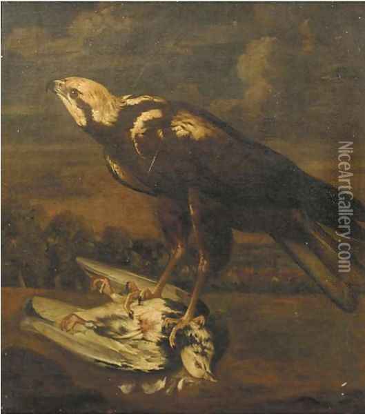 A falcon with a dead pigeon Oil Painting - Ferdinand Phillip de Hamilton