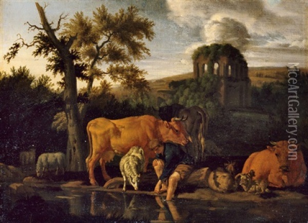 Landschaft Mit Hirtenstaffage Und Ruine Oil Painting - Pieter Van Der Leeuw