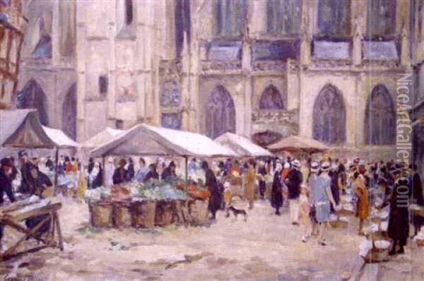 Le Marche Pres De La Cathedrale De Rouen Oil Painting - Georges Jules Ernest Binet