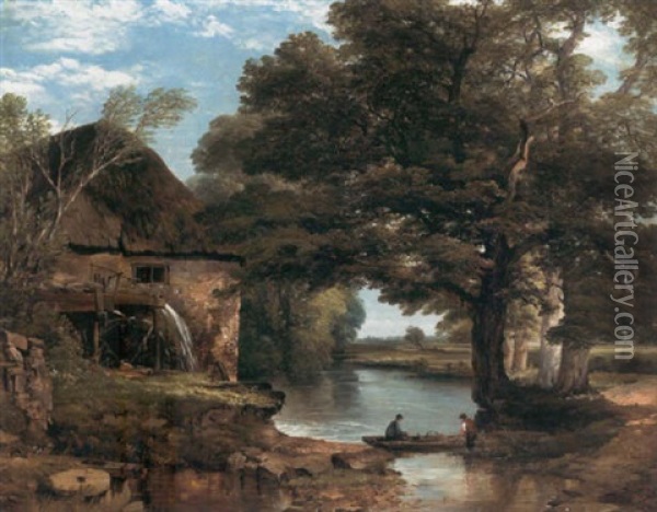 My Cottage Near The Brook: A Wooded River Landscape With An Overshot Mill And Fishermen Oil Painting - Frederick Richard Lee