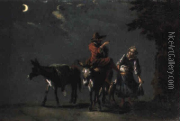 A Peasant Couple With Donkeys And A Dog On A Track By Moonlight Oil Painting - Leonard Bramer