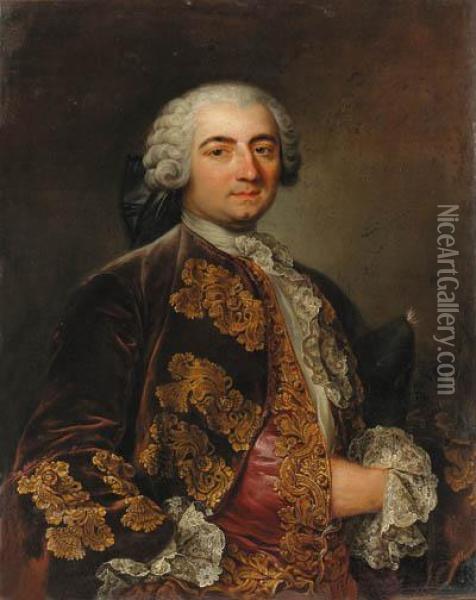 Portrait Of A Gentleman, Half-length, In A Burgundy Coat With Goldfrogging Oil Painting - Jean-Csar Fenouil