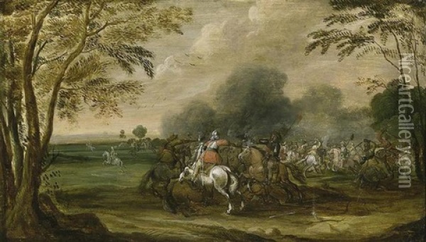 Combat De Cavalerie (+ Another, Similar; Pair) Oil Painting - Pieter Meulener