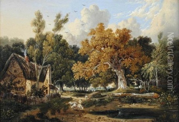 Sheep Outside A Cottage Beside An Ancient Oak Tree Oil Painting - John Berney Ladbrooke