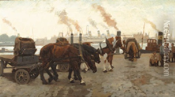 A Horse-drawn Carriage Along The Maas, Rotterdam Oil Painting - Gijsbertus Johannes Van Overbeek