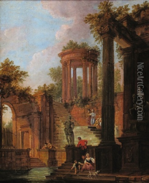 Capricci Architettonici Con Rovine Antiche E Moderne (pair) Oil Painting - Hubert Robert