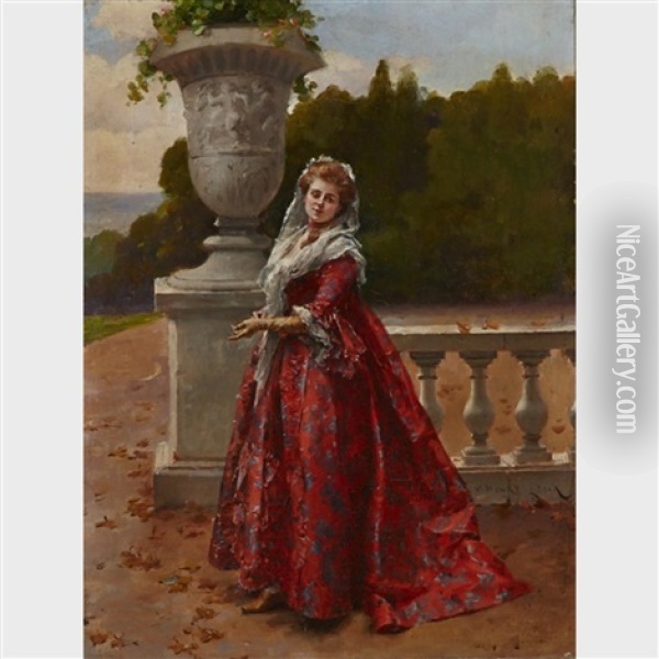 Lady On A Terrace Oil Painting - Henri Victor Lesur