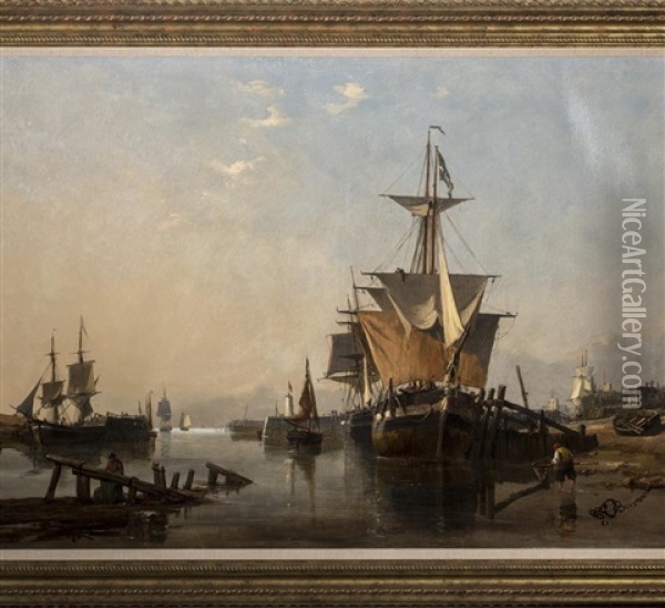 Harbor With Ships And Fishing Boats At Anchor Oil Painting - Richard Henry Nibbs