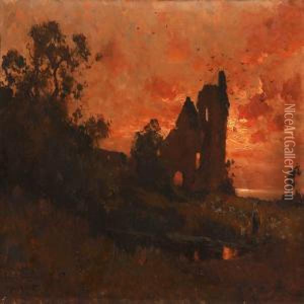 Sunset Over A Northern French Landscape With Ruins Oil Painting - Maurice Moisset