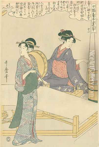 Spinning the silk, no.11 from Joshoku kaiko tewaza-gusa, c.1800 Oil Painting - Kitagawa Utamaro